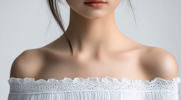 A young woman poses with an elegant off-shoulder top, highlighting her neckline against a neutral background. Her expression is serene and composed.