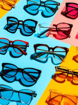 Various stylish eyewear arranged on bright blue, yellow, and pink backgrounds, showcasing different colors and designs of frames.