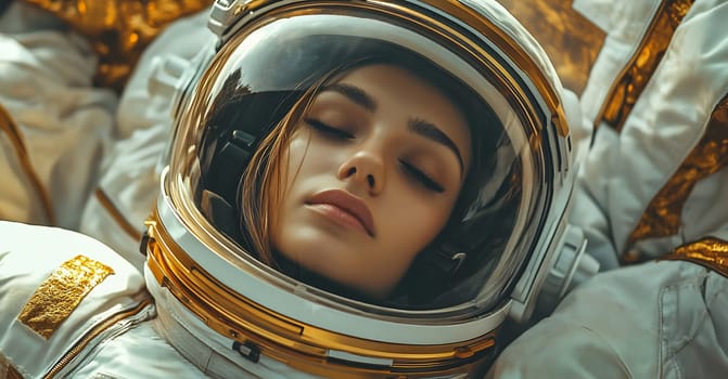 A serene astronaut with long hair relaxes in a spacesuit, preparing for an upcoming space mission.