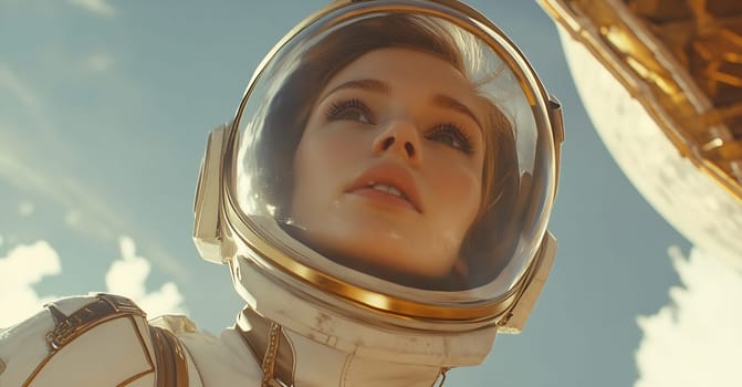 An astronaut gazes upward, surrounded by a captivating alien landscape under a clear blue sky, reflecting on their mission.