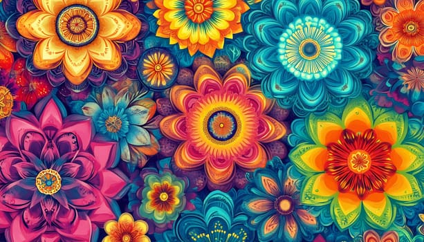 A stunning array of multicolored flowers adorns a deep blue background, showcasing intricate patterns and designs.