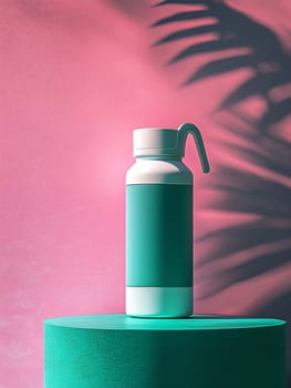 A sleek water bottle stands alone on a green table, casting a striking shadow against a pink wall, creating a modern aesthetic.