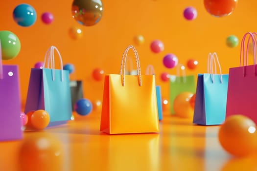 Brightly colored bags surround playful balls, creating a cheerful atmosphere in an artistic display of shapes and colors.