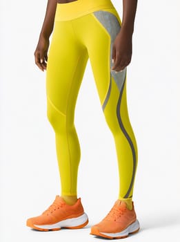 A person shows off vibrant yellow leggings paired with orange athletic shoes, perfect for outdoor workouts or gym sessions.