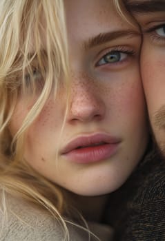 A young couple leans closely together, their faces almost touching, with soft light highlighting their features and emotions.