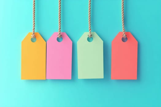 Four vibrant tags in various colors are suspended from ropes against a turquoise background, creating a stylish and modern display.