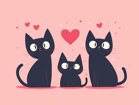 Three black cats are joyfully posed together with hearts surrounding them, showcasing their playful nature and affection in a charming design.