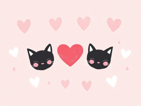 Two adorable black cat faces with pink cheeks surrounded by various hearts create a charming, playful design.