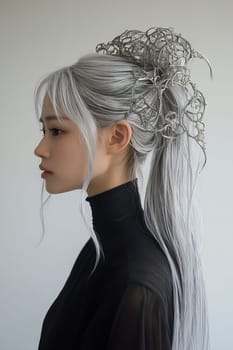A young woman showcases a stunning silver hairstyle, adorned with intricate accessories, reflecting a modern and artistic style.