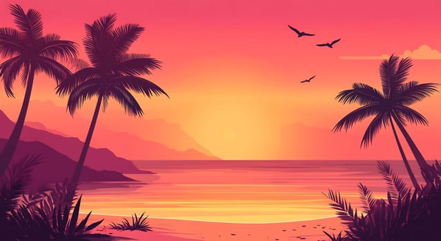 A vibrant sunset casts orange and pink hues over a tropical beach, silhouetting palm trees and distant mountains.