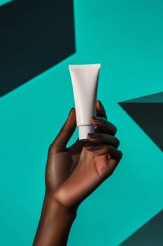 A hand presents a simple white tube against a striking teal background with geometric shapes, highlighting the product's design.