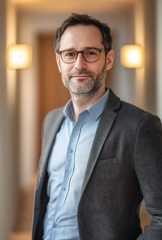 A well-dressed man with glasses stands confidently in an indoor setting, illuminated by soft lighting, creating a warm atmosphere.