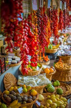 Funchal, Madeira, Portugal, November 7th 2024: View on peppers and fruits in a market stall of Mercado dos Lavradores, Farmers market, in Funchal, Madeira