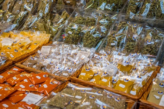Funchal, Madeira, Portugal, November 7th 2024: Spices and herbs for sale on the Mercado dos Lavradores, Farmers market, in Funchal, Madeira