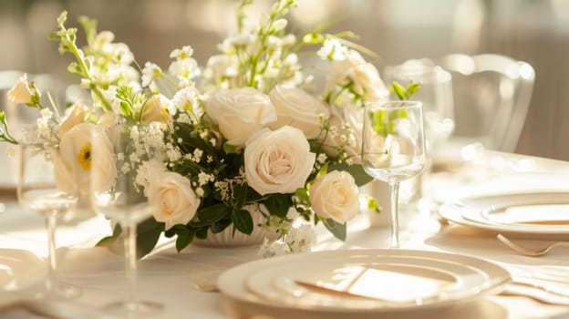 A table with a white tablecloth and a vase of white flowers in the center. The table is set for a special occasion