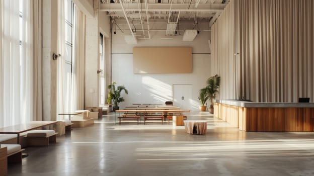 Minimalist party venue with clean lines and minimalist furniture