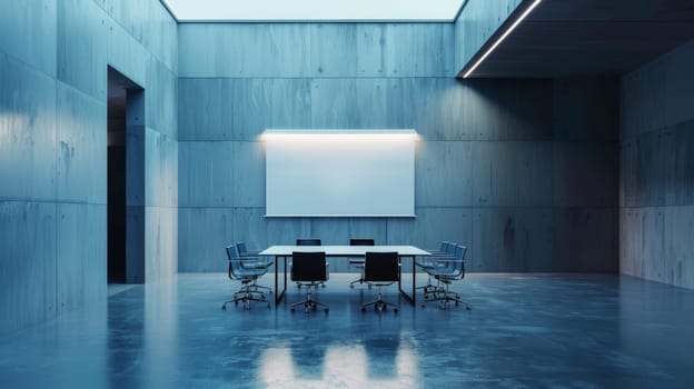 A large room with a white board and a table with chairs