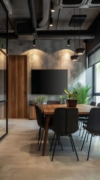 A modern office space with a large black TV mounted on the wall and a potted plant on the table. The room is furnished with black chairs and a wooden table