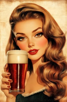 A woman styled in the 1950s holding a glass of beer. Vintage poster. AI generative.