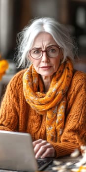 An elderly woman using a laptop computer AI generative.
