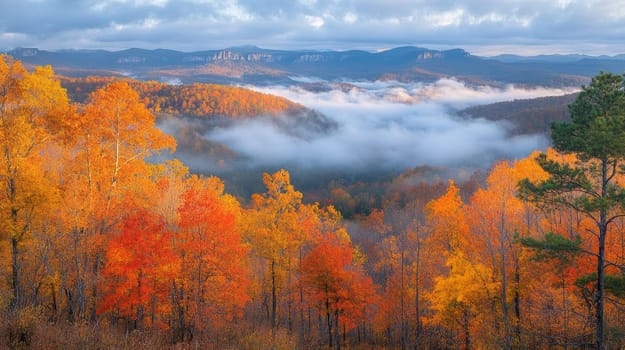 sunlight casting over foggy mountains and an autumn forest. AI generative.