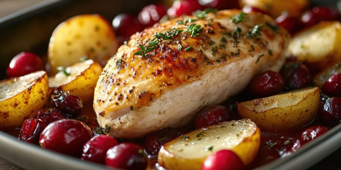 Sweet and spicy chicken with cranberries. AI generative.