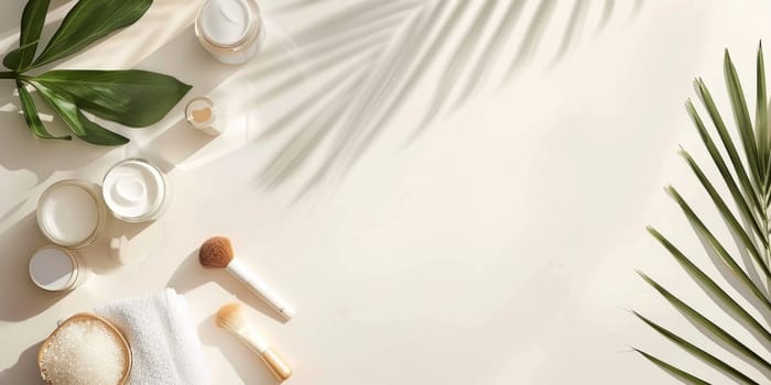 Neutral background with ample space for text alongside cosmetics.
