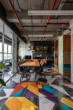 Office environment with a geometric layout pattern.