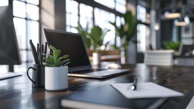 Modern office scene featuring contemporary business items.