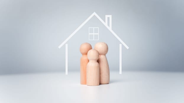 Human wood model with protecting glowing family assurance life and health concept, Life and health insurance. Home insurance for grandchildren, People lifestyles and Relationships in love concept.