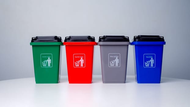 Garbage classification concept, Colorful plastic garbage cans isolated on white background.