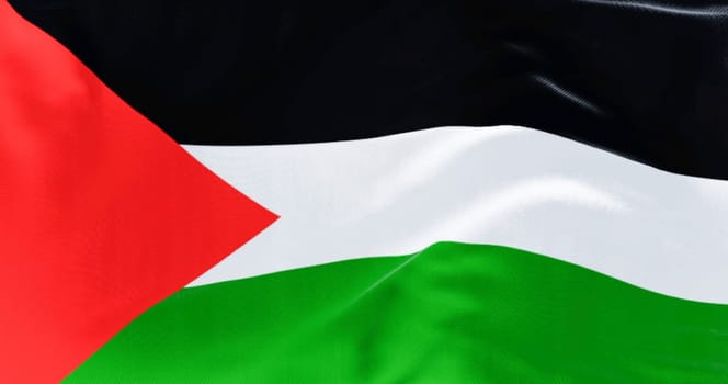 Palestine national flag waving on a clear day. Three black, white, green stripes with red triangle on left. 3d illustration render. Selective focus. Close-up. Rippling fabric