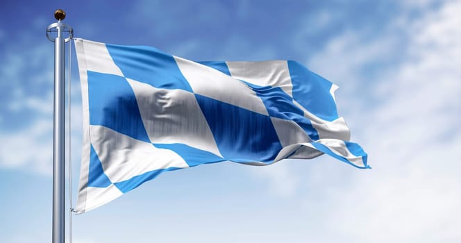 Bavarian flags waving with national german flag on a clear day. Bavaria is a state in the south-east of Germany. 3d illustration render. Selective focus. Fluttering fabric.