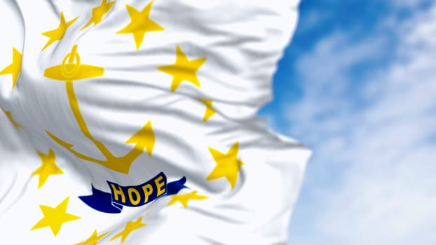 Close-up of the Rhode Island state flag waving. Gold anchor in the center surrounded by thirteen gold stars. 3d illustration render. Close-up. Rippling fabric