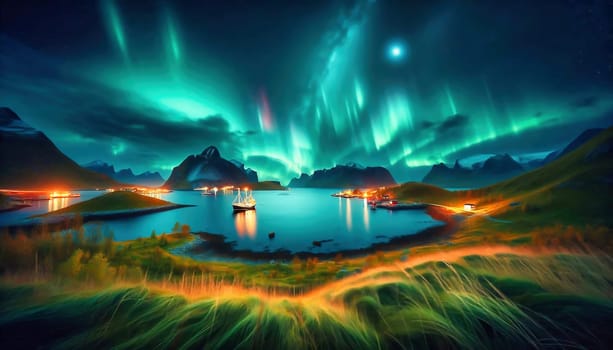 A breathtaking Northern Lights over a fjord landscape with mountains and water surfaces in which the greenish light is mystically reflected.