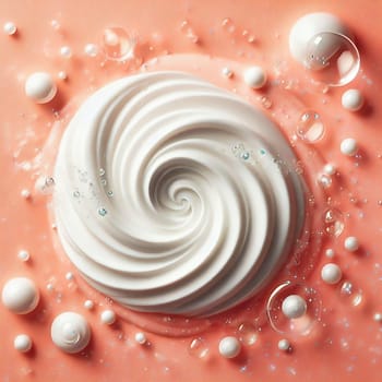 Abstract pattern of flowing, wave-like shapes in pastel colors such as pink, blue and cream, interspersed with shiny pearls and drops.
