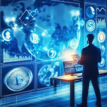 a businessman in a high-tech office surrounded by holographic financial data, charts and symbols representing the global economy and cryptographically