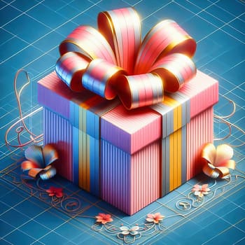 an elegant gift with a golden bow and a blue ribbon on a turquoise background. The packaging has a festive and high-quality look