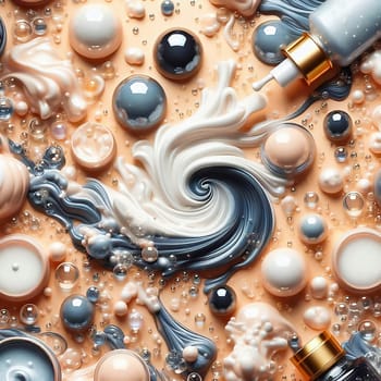 Abstract pattern of flowing, wave-like shapes in pastel colors such as pink, blue and cream, interspersed with shiny pearls and drops.