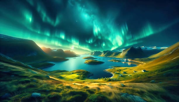 A breathtaking Northern Lights over a fjord landscape with mountains and water surfaces in which the greenish light is mystically reflected.
