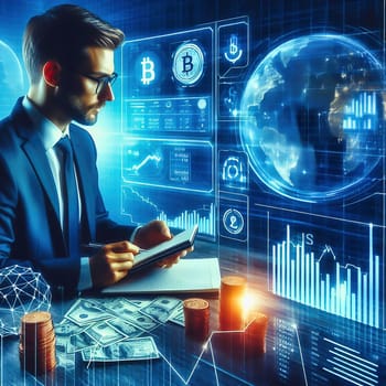 a businessman in a high-tech office surrounded by holographic financial data, charts and symbols representing the global economy and cryptographically