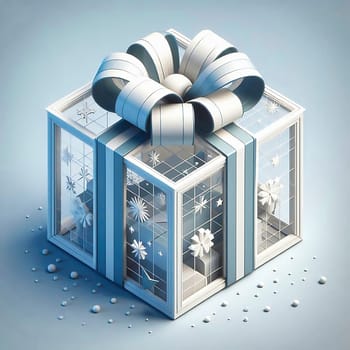 an elegant gift with a silver bow and transparent paper. The packaging has a festive and high-quality design