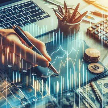 a hand working with a pen on a holographic financial dashboard, surrounded by dollar bills, charts and business accessories on a desk.