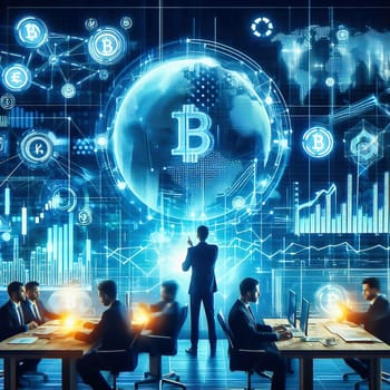 a businessman in a high-tech office surrounded by holographic financial data, charts and symbols representing the global economy and cryptographically