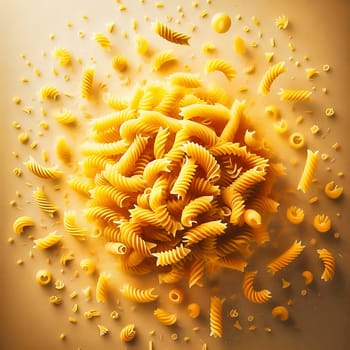 Fusillini, penne and other pasta, decoratively displayed in motion. Food generated with AI