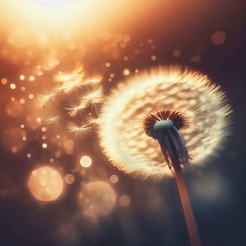 Dandelion, seeds fly through the air with soft bokeh at sunset and romantic light. AI generated