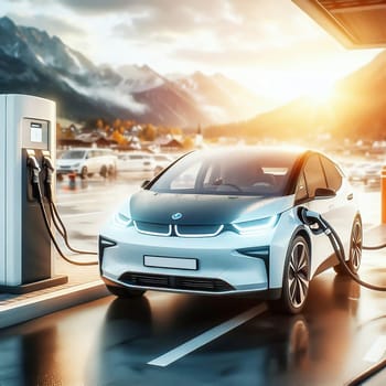 A modern electric car at a charging station of a futuristic filling station. The scene looks clean, technological and environmentally friendly