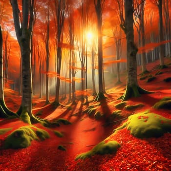 An autumnal forest with glowing red leaves and moss-covered trees, through which the radiant sun casts golden rays of light. AI generated image