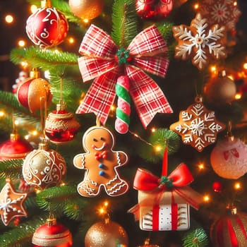 A festively decorated Christmas tree with lights, snowflake ornaments, a gingerbread man and presents that radiate atmospheric light.