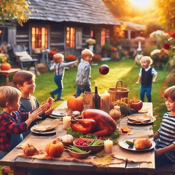 Harvest festival with the family. Traditional family celebration. Holiday with food. Celebration in the garden at the wooden table. AI generated image